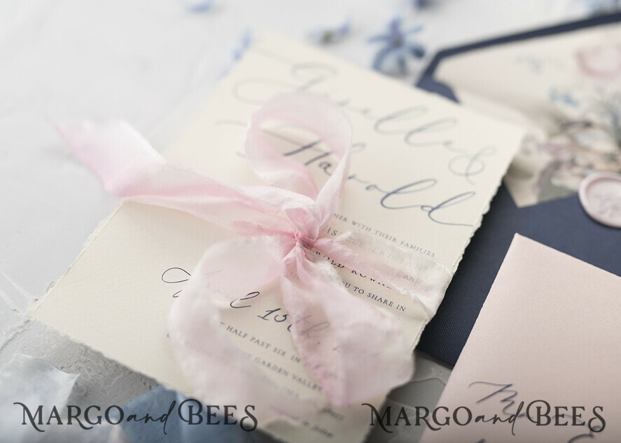 WEDDING INVITATIONS Elegant Invites Classic Cards Vintage Floral Wedding Invitations, Minimalistic Pink Wedding Invites, Delicate Royal Navy Wedding Cards With Hand Dyed Ribbon, Handmade Wedding Stationery