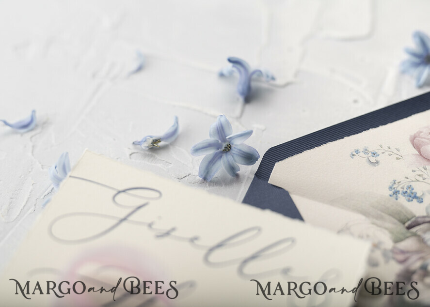 WEDDING INVITATIONS Elegant Invites Classic Cards Vintage Floral Wedding Invitations, Minimalistic Pink Wedding Invites, Delicate Royal Navy Wedding Cards With Hand Dyed Ribbon, Handmade Wedding Stationery