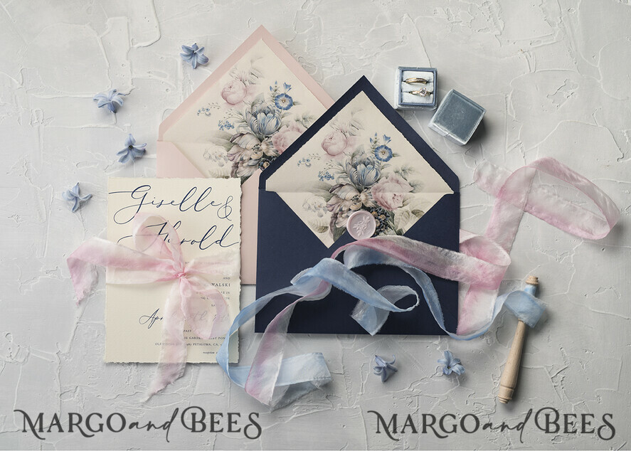 WEDDING INVITATIONS Elegant Invites Classic Cards Vintage Floral Wedding Invitations, Minimalistic Pink Wedding Invites, Delicate Royal Navy Wedding Cards With Hand Dyed Ribbon, Handmade Wedding Stationery