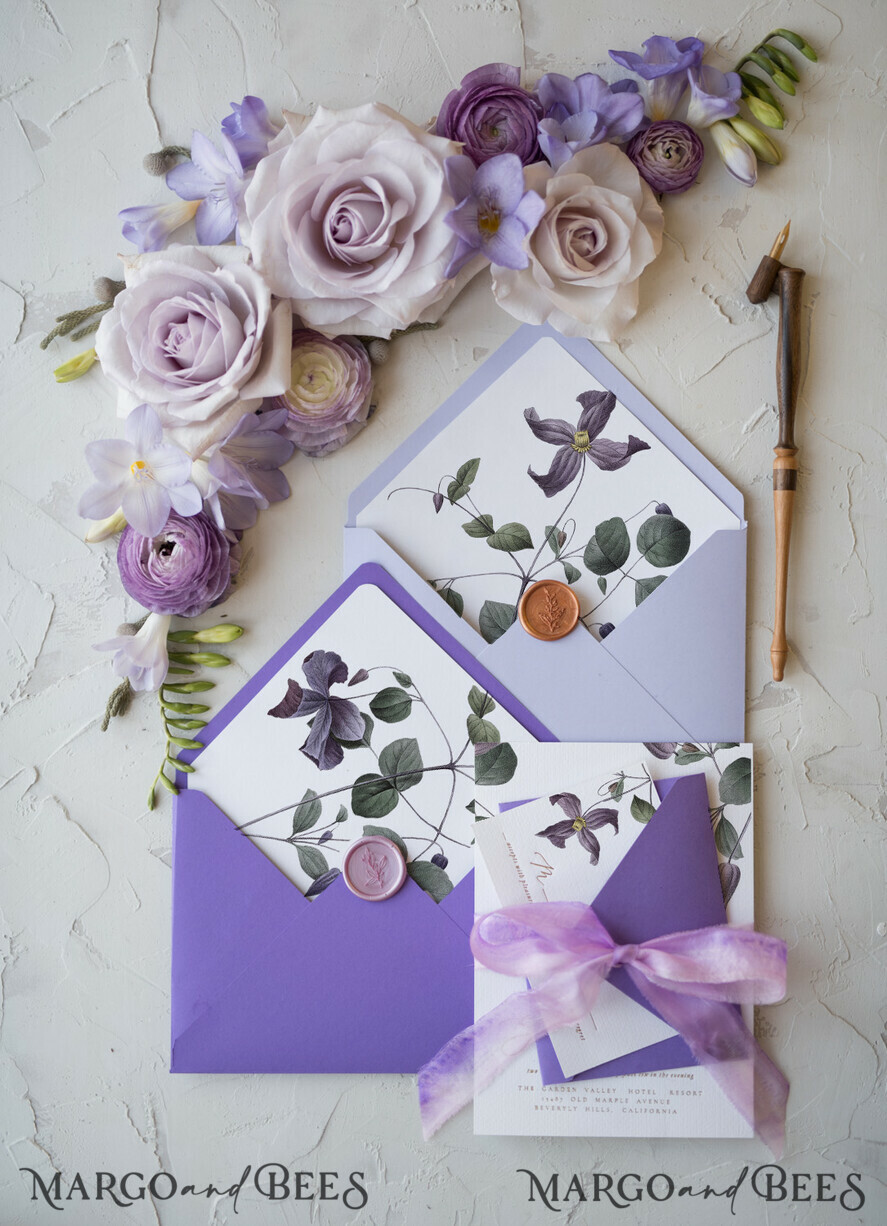 WEDDING INVITATIONS Elegant Invites Classic Cards Vintage Floral Wedding Invitations With Purple Ribbon, Elegant Lilac Wedding Invites, Minmalistic Wedding Invitation Suite, Bespoke White Wedding Stationery