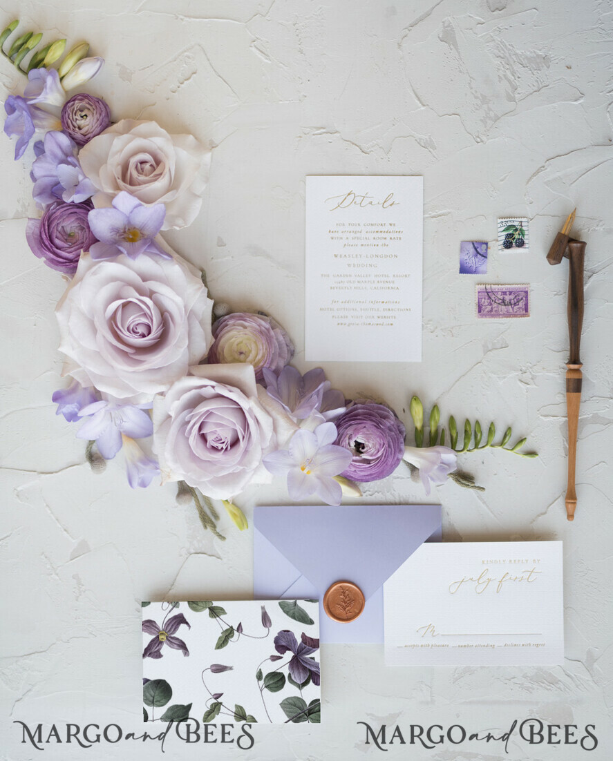 WEDDING INVITATIONS Elegant Invites Classic Cards Vintage Floral Wedding Invitations With Purple Ribbon, Elegant Lilac Wedding Invites, Minmalistic Wedding Invitation Suite, Bespoke White Wedding Stationery
