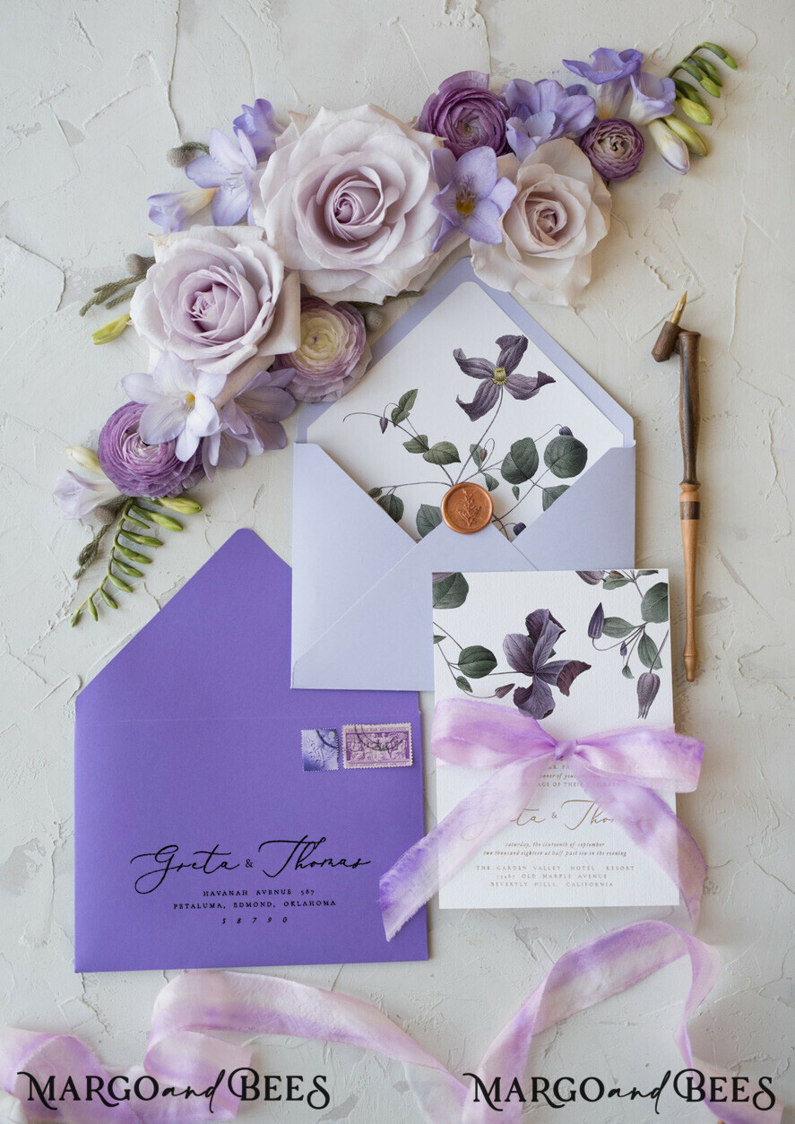 WEDDING INVITATIONS Elegant Invites Classic Cards Vintage Floral Wedding Invitations With Purple Ribbon, Elegant Lilac Wedding Invites, Minmalistic Wedding Invitation Suite, Bespoke White Wedding Stationery