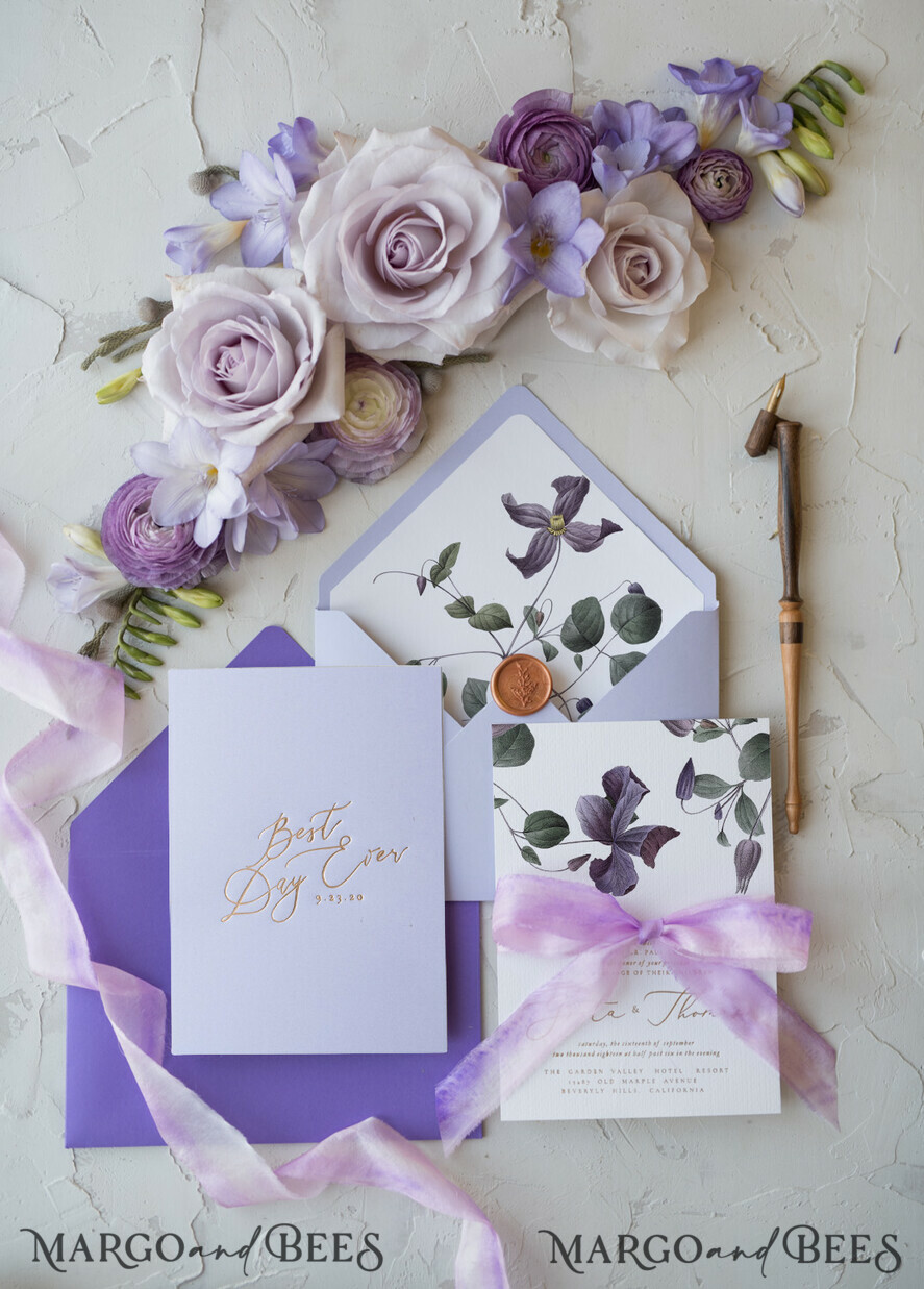 WEDDING INVITATIONS Elegant Invites Classic Cards Vintage Floral Wedding Invitations With Purple Ribbon, Elegant Lilac Wedding Invites, Minmalistic Wedding Invitation Suite, Bespoke White Wedding Stationery