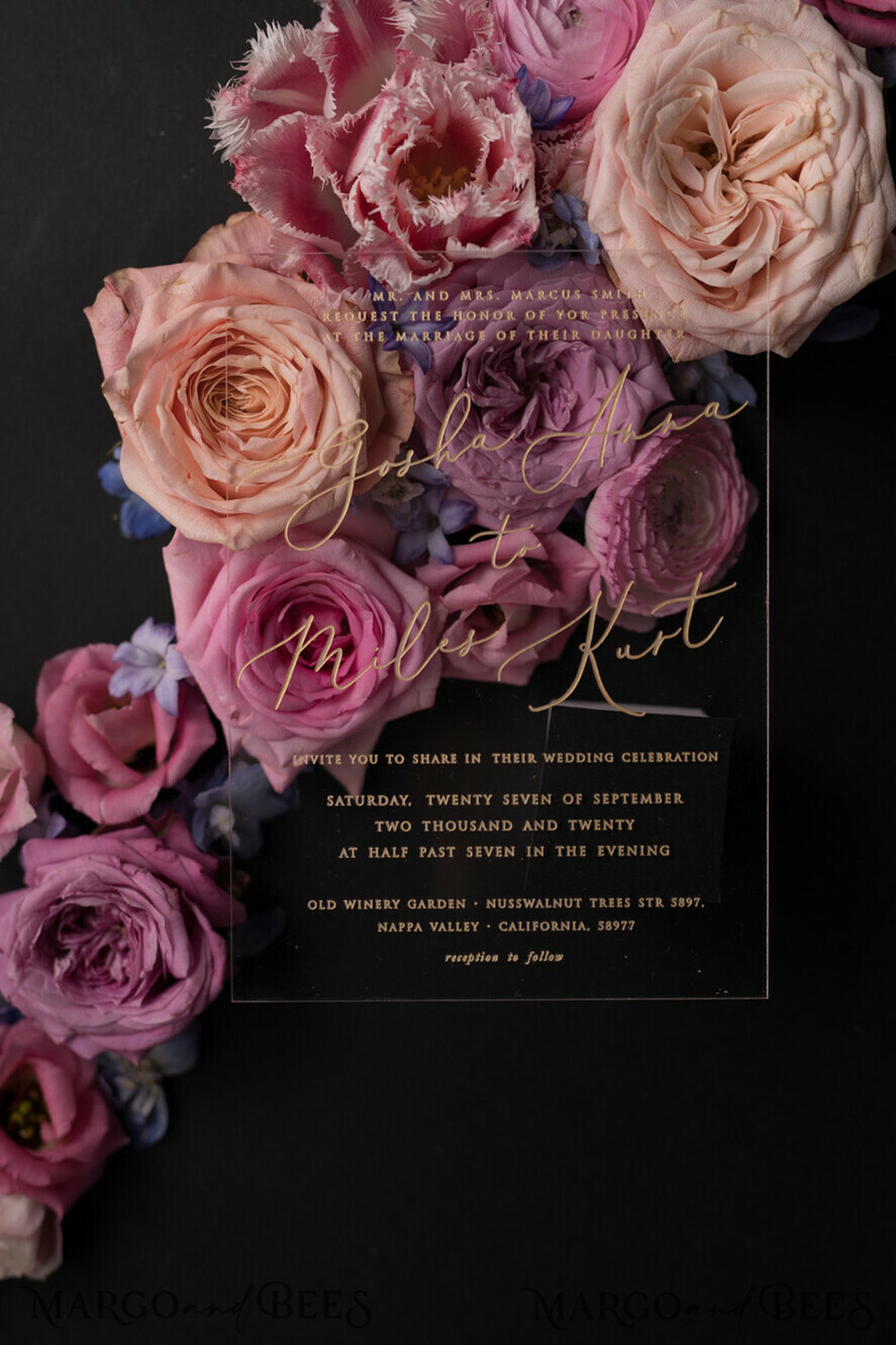 WEDDING INVITATIONS Elegant Invites Classic Cards Vintage Floral Wedding Invitation Suite, Luxury Acrylic Plexi Wedding Invitations, Romantic Pink Wedding Cards, Glamour Golden Wedding Stationery
