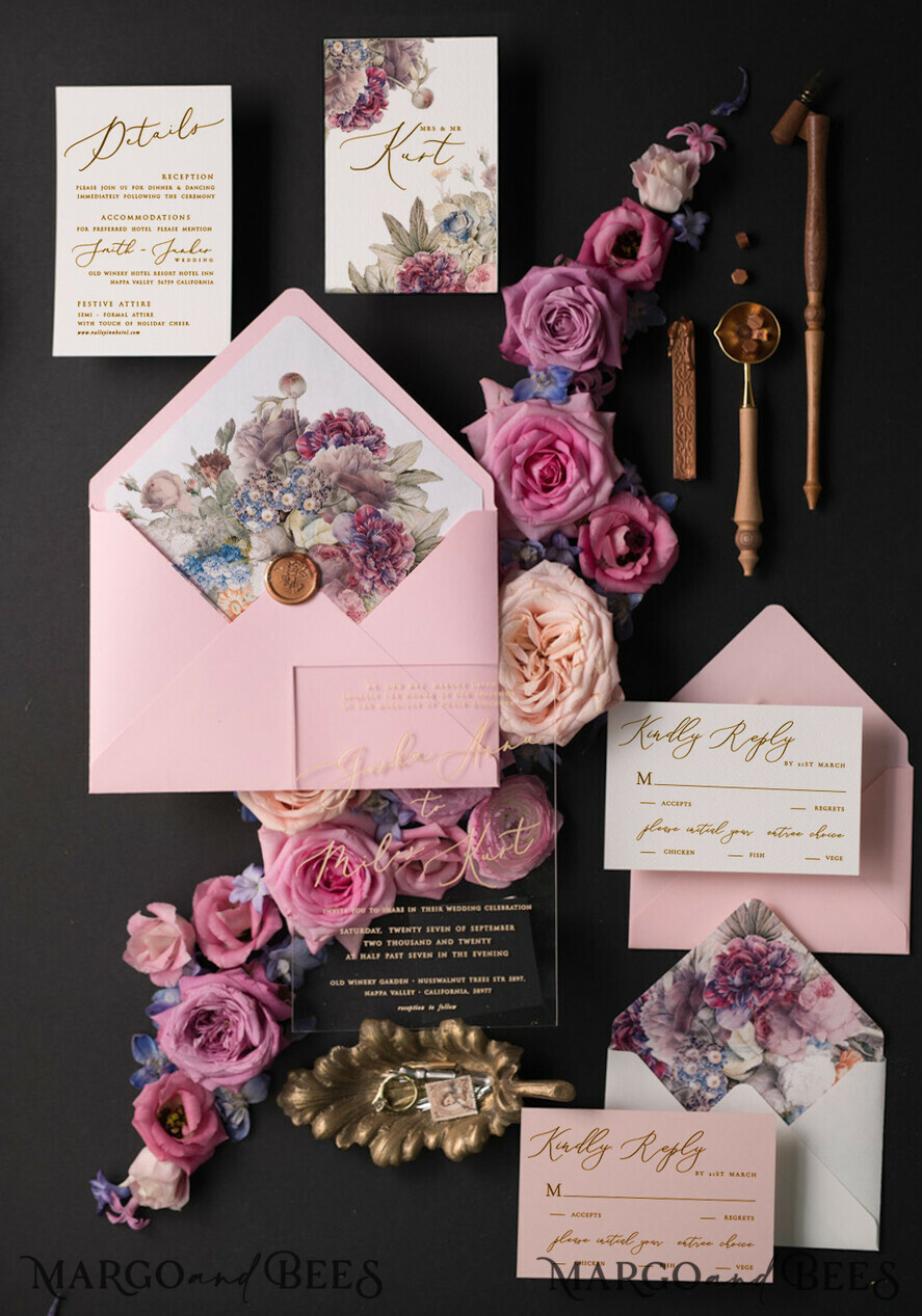 WEDDING INVITATIONS Elegant Invites Classic Cards Vintage Floral Wedding Invitation Suite, Luxury Acrylic Plexi Wedding Invitations, Romantic Pink Wedding Cards, Glamour Golden Wedding Stationery