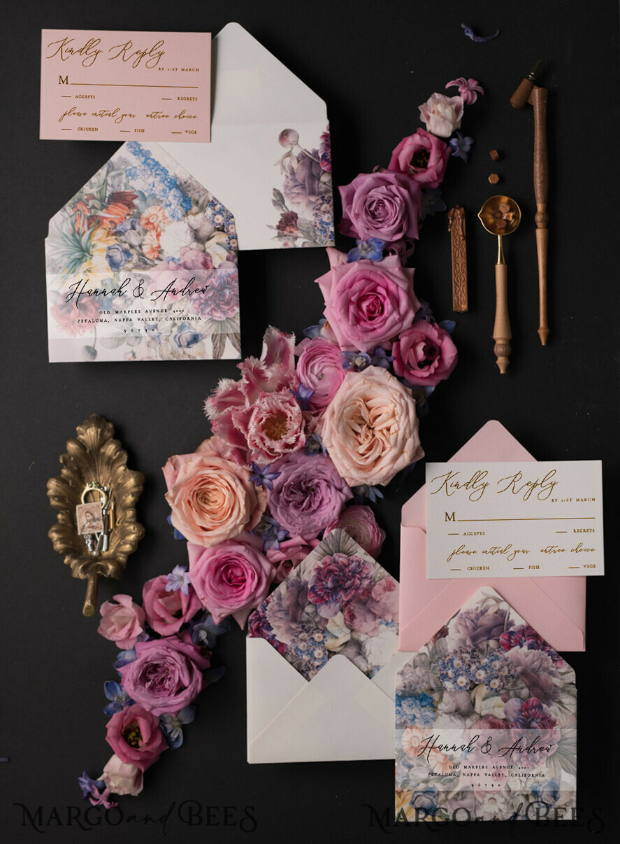 WEDDING INVITATIONS Elegant Invites Classic Cards Vintage Floral Wedding Invitation Suite, Luxury Acrylic Plexi Wedding Invitations, Romantic Pink Wedding Cards, Glamour Golden Wedding Stationery