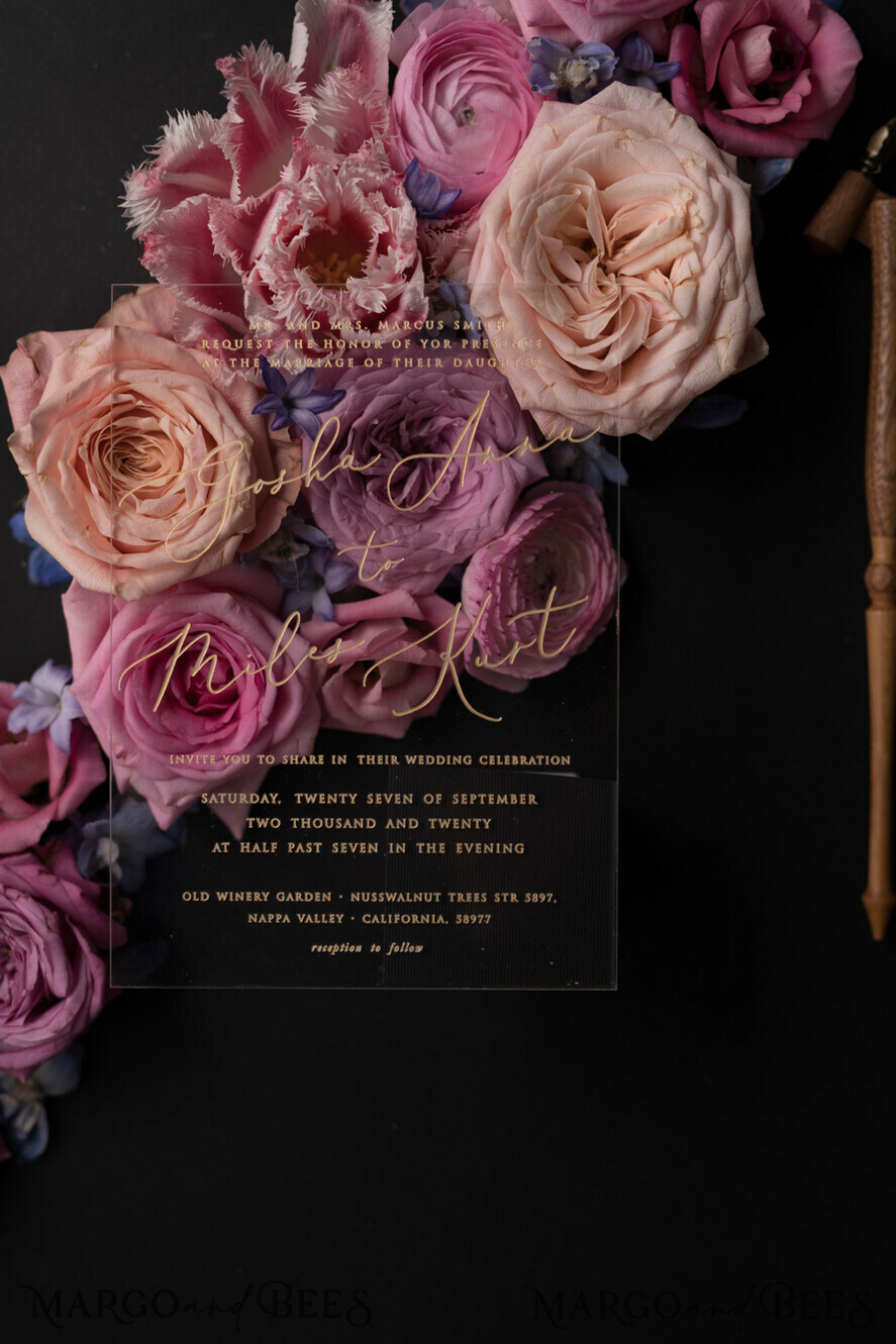 WEDDING INVITATIONS Elegant Invites Classic Cards Vintage Floral Wedding Invitation Suite, Luxury Acrylic Plexi Wedding Invitations, Romantic Pink Wedding Cards, Glamour Golden Wedding Stationery