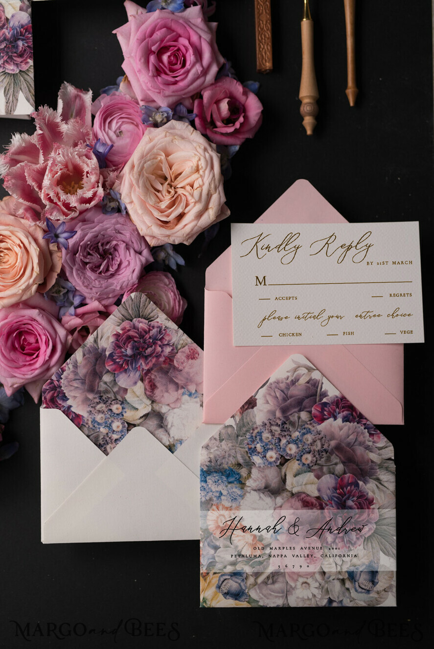 WEDDING INVITATIONS Elegant Invites Classic Cards Vintage Floral Wedding Invitation Suite, Luxury Acrylic Plexi Wedding Invitations, Romantic Pink Wedding Cards, Glamour Golden Wedding Stationery
