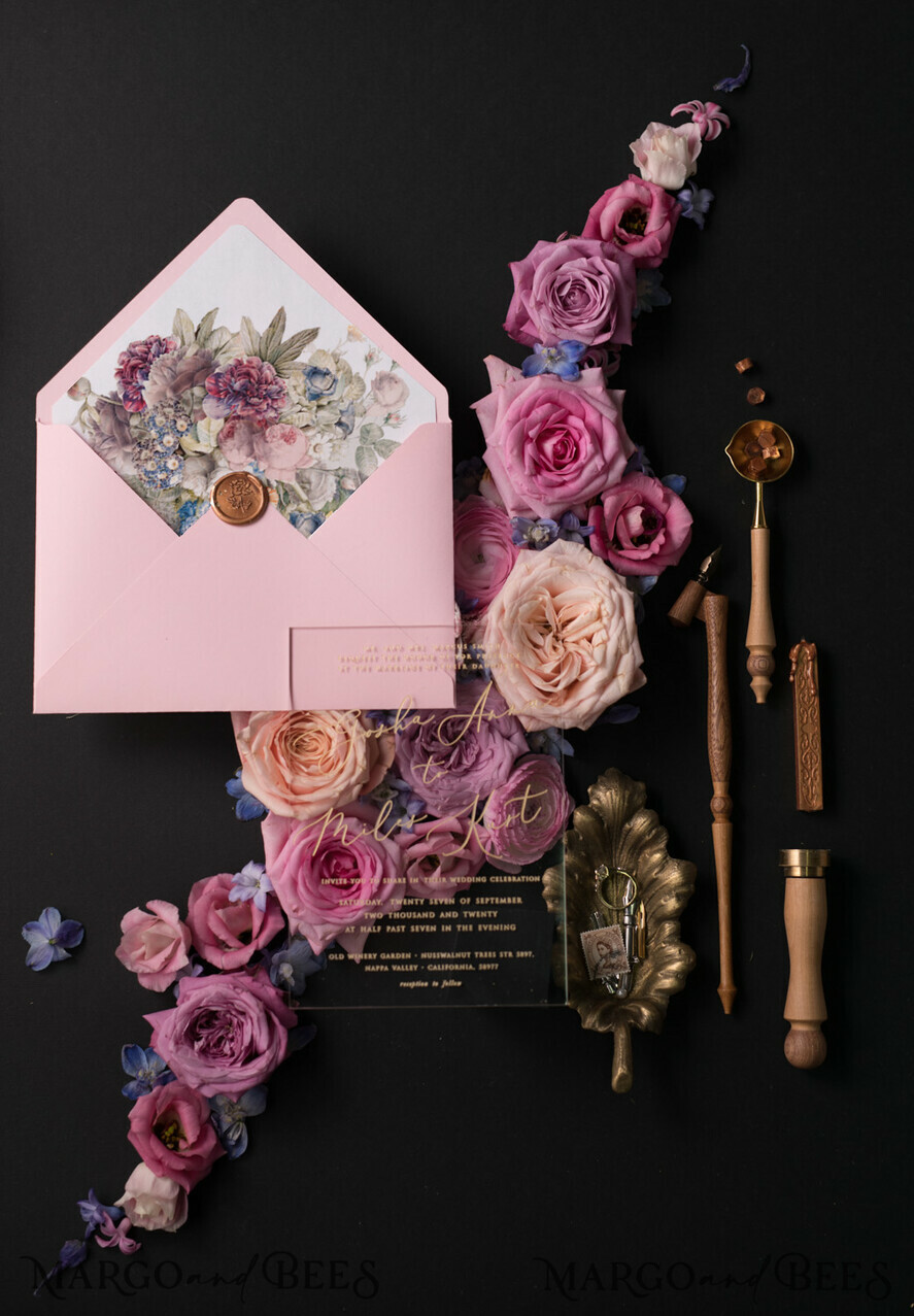 WEDDING INVITATIONS Elegant Invites Classic Cards Vintage Floral Wedding Invitation Suite, Luxury Acrylic Plexi Wedding Invitations, Romantic Pink Wedding Cards, Glamour Golden Wedding Stationery