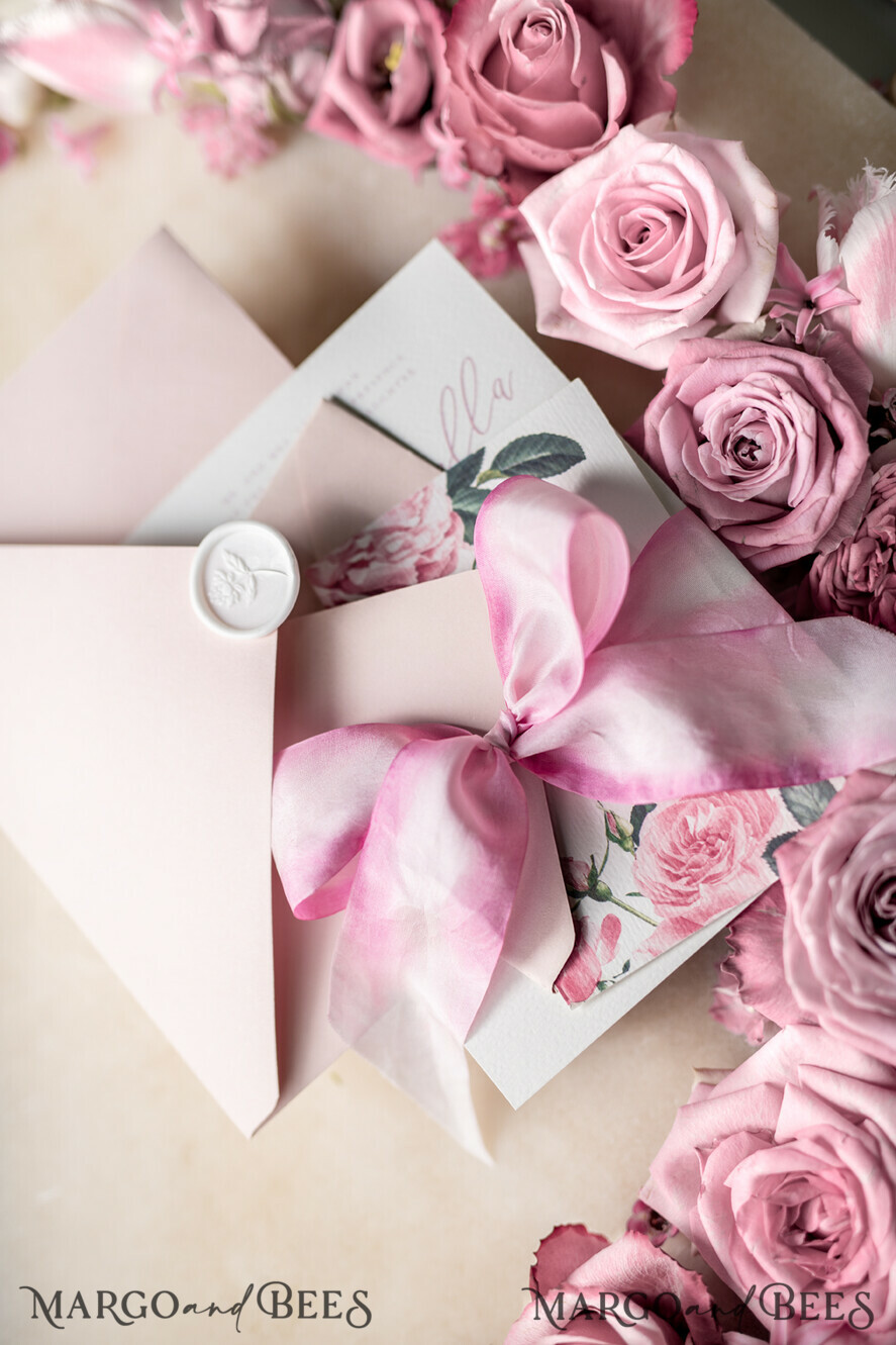 WEDDING INVITATIONS Elegant Invites Classic Cards Floral Vintage Wedding Invitations With Hand Dyed Ribbon, Minimalistic White Wedding Invites, Handmade Wedding Invitation Suite, Bespoke Pink Wedding Stationery