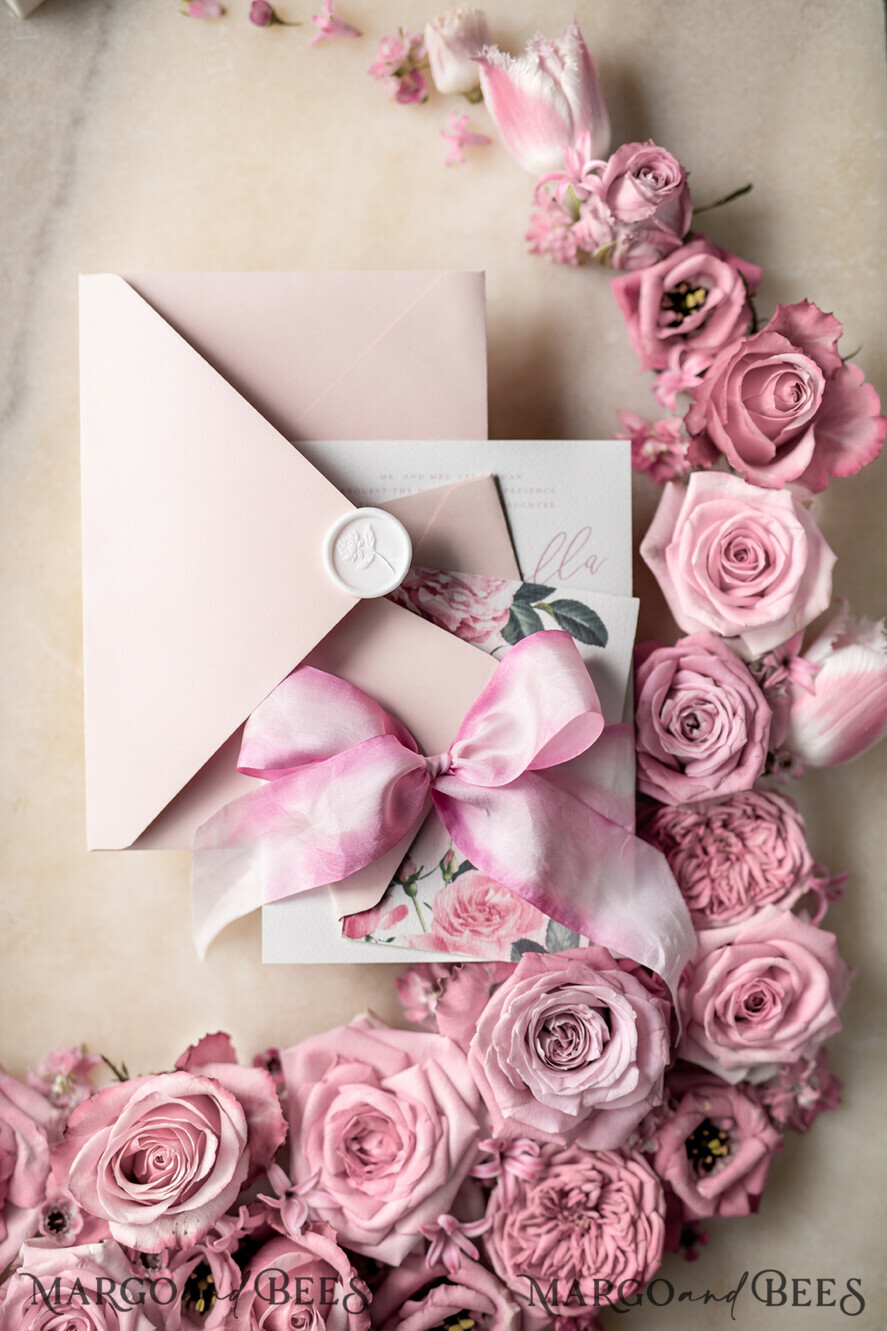 WEDDING INVITATIONS Elegant Invites Classic Cards Floral Vintage Wedding Invitations With Hand Dyed Ribbon, Minimalistic White Wedding Invites, Handmade Wedding Invitation Suite, Bespoke Pink Wedding Stationery