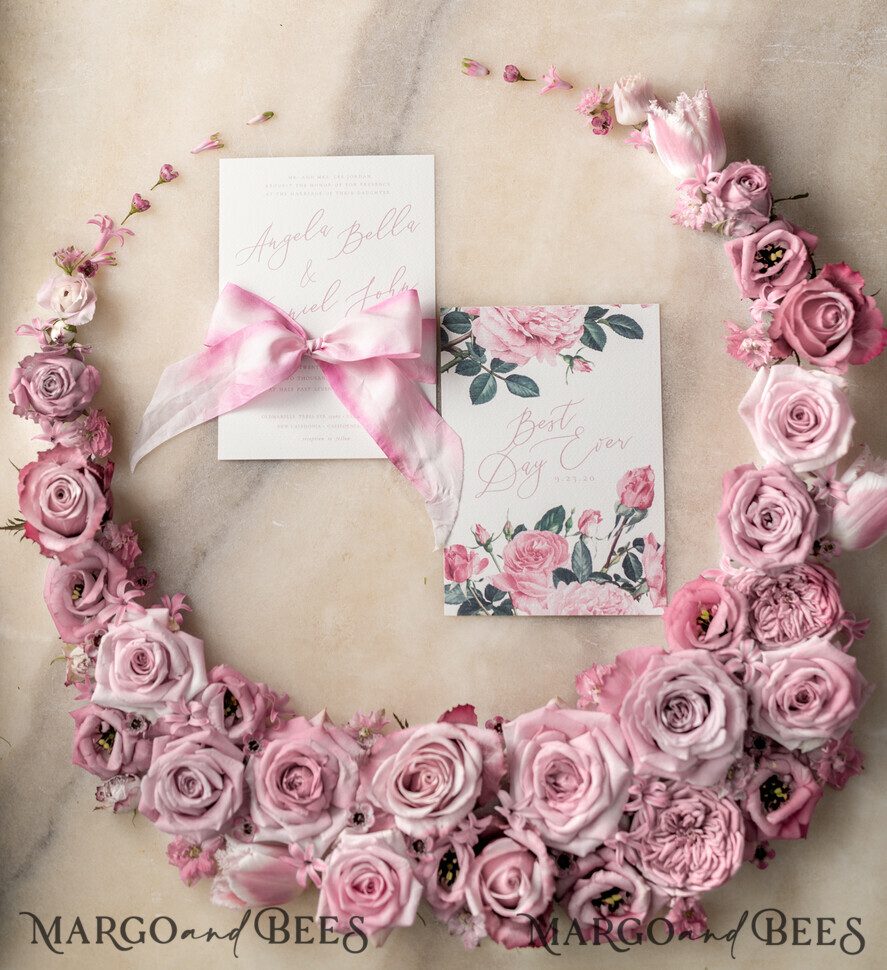 WEDDING INVITATIONS Elegant Invites Classic Cards Floral Vintage Wedding Invitations With Hand Dyed Ribbon, Minimalistic White Wedding Invites, Handmade Wedding Invitation Suite, Bespoke Pink Wedding Stationery
