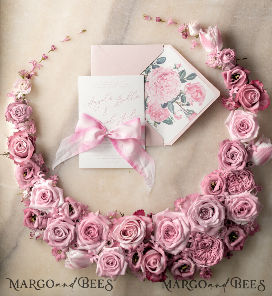 WEDDING INVITATIONS Elegant Invites Classic Cards Floral Vintage Wedding Invitations With Hand Dyed Ribbon, Minimalistic White Wedding Invites, Handmade Wedding Invitation Suite, Bespoke Pink Wedding Stationery