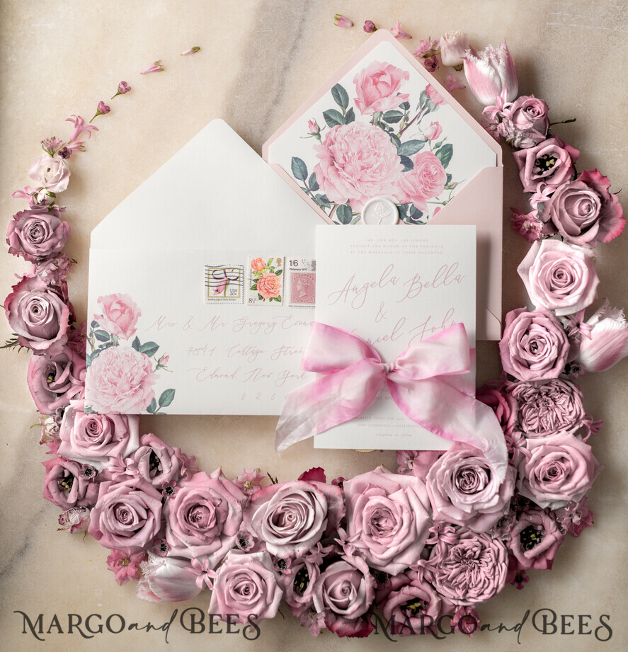 WEDDING INVITATIONS Elegant Invites Classic Cards Floral Vintage Wedding Invitations With Hand Dyed Ribbon, Minimalistic White Wedding Invites, Handmade Wedding Invitation Suite, Bespoke Pink Wedding Stationery