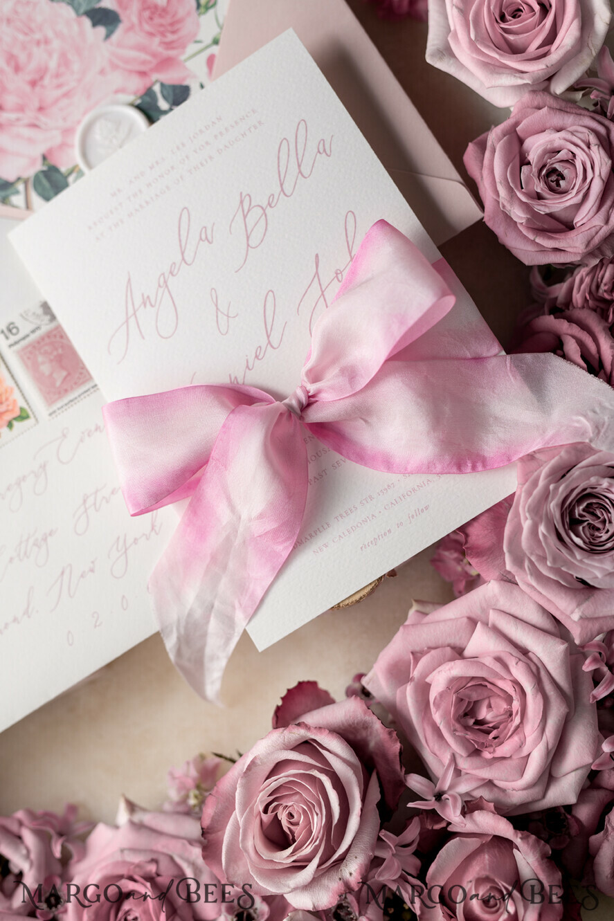 WEDDING INVITATIONS Elegant Invites Classic Cards Floral Vintage Wedding Invitations With Hand Dyed Ribbon, Minimalistic White Wedding Invites, Handmade Wedding Invitation Suite, Bespoke Pink Wedding Stationery