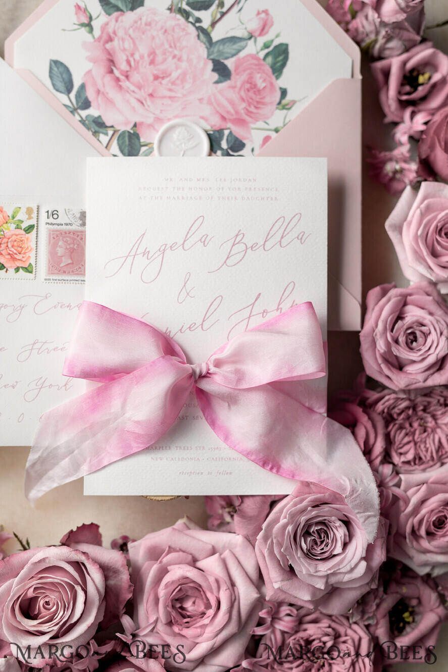WEDDING INVITATIONS Elegant Invites Classic Cards Floral Vintage Wedding Invitations With Hand Dyed Ribbon, Minimalistic White Wedding Invites, Handmade Wedding Invitation Suite, Bespoke Pink Wedding Stationery