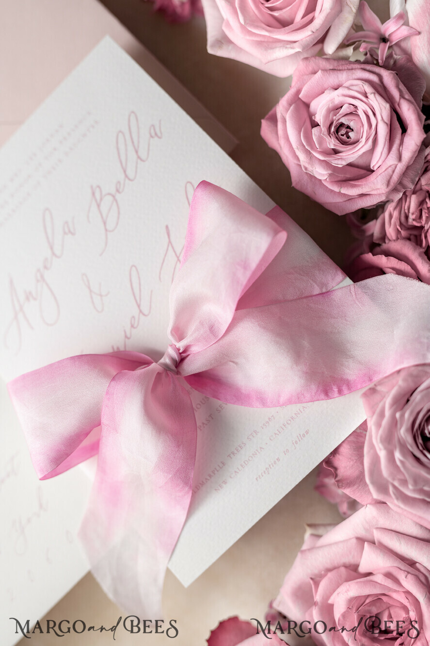 WEDDING INVITATIONS Elegant Invites Classic Cards Floral Vintage Wedding Invitations With Hand Dyed Ribbon, Minimalistic White Wedding Invites, Handmade Wedding Invitation Suite, Bespoke Pink Wedding Stationery