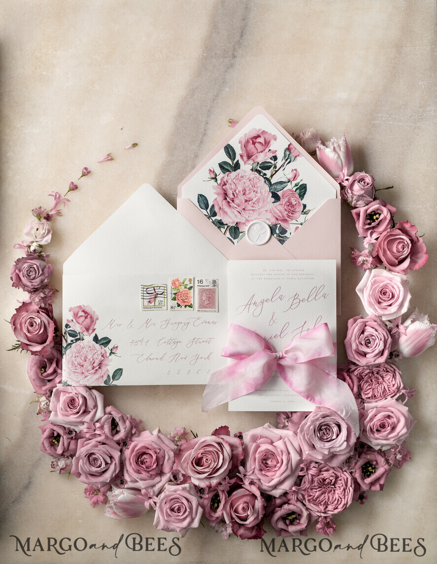 WEDDING INVITATIONS Elegant Invites Classic Cards Floral Vintage Wedding Invitations With Hand Dyed Ribbon, Minimalistic White Wedding Invites, Handmade Wedding Invitation Suite, Bespoke Pink Wedding Stationery