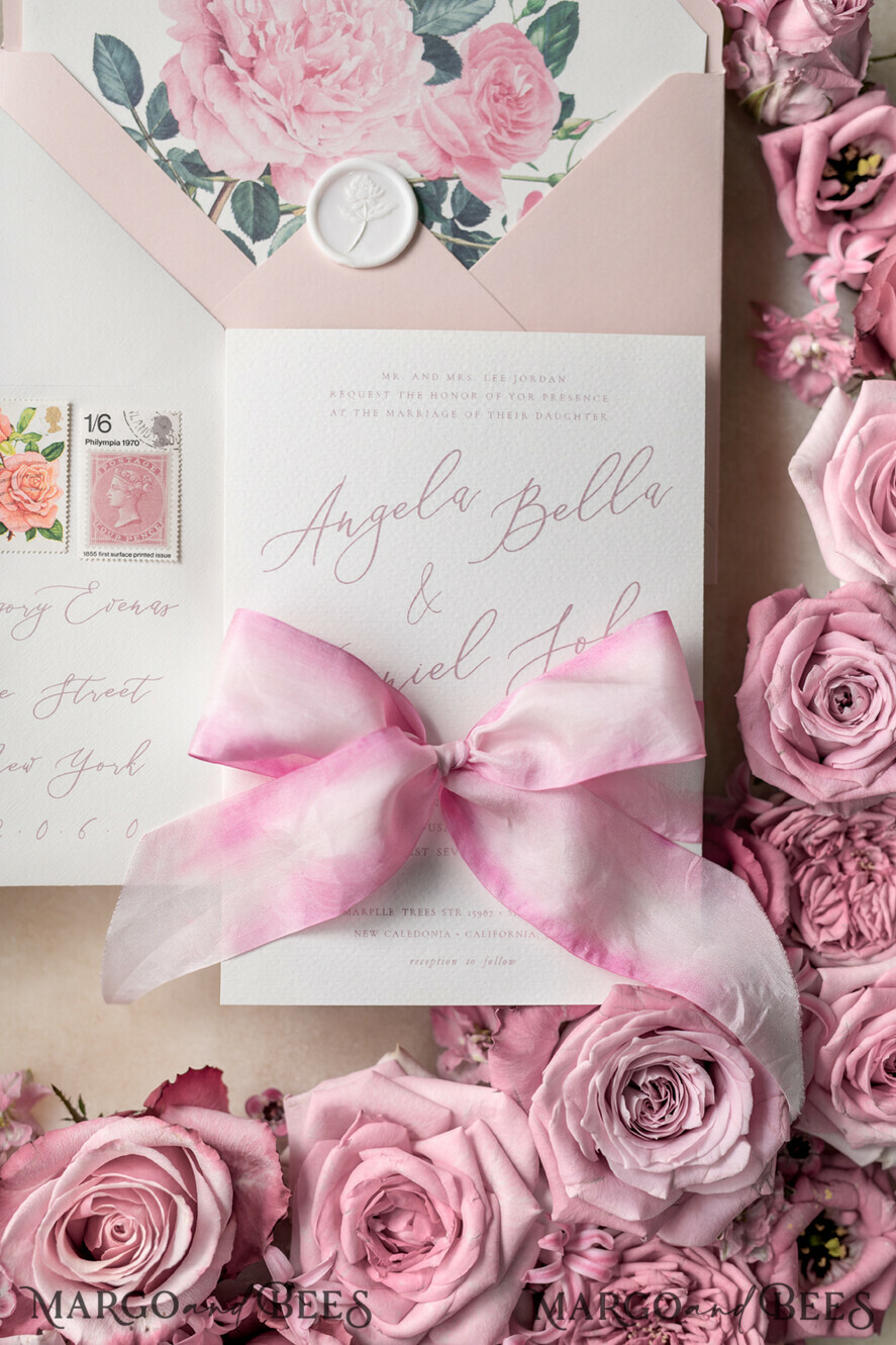 WEDDING INVITATIONS Elegant Invites Classic Cards Floral Vintage Wedding Invitations With Hand Dyed Ribbon, Minimalistic White Wedding Invites, Handmade Wedding Invitation Suite, Bespoke Pink Wedding Stationery