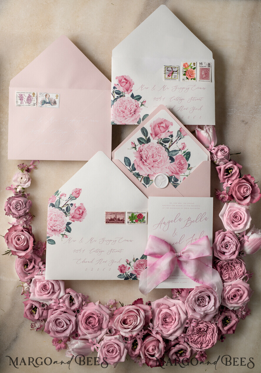 WEDDING INVITATIONS Elegant Invites Classic Cards Floral Vintage Wedding Invitations With Hand Dyed Ribbon, Minimalistic White Wedding Invites, Handmade Wedding Invitation Suite, Bespoke Pink Wedding Stationery