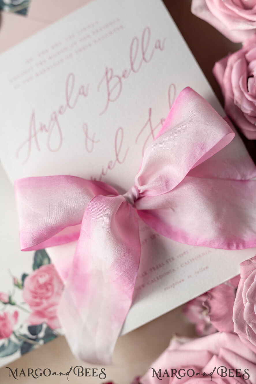WEDDING INVITATIONS Elegant Invites Classic Cards Floral Vintage Wedding Invitations With Hand Dyed Ribbon, Minimalistic White Wedding Invites, Handmade Wedding Invitation Suite, Bespoke Pink Wedding Stationery