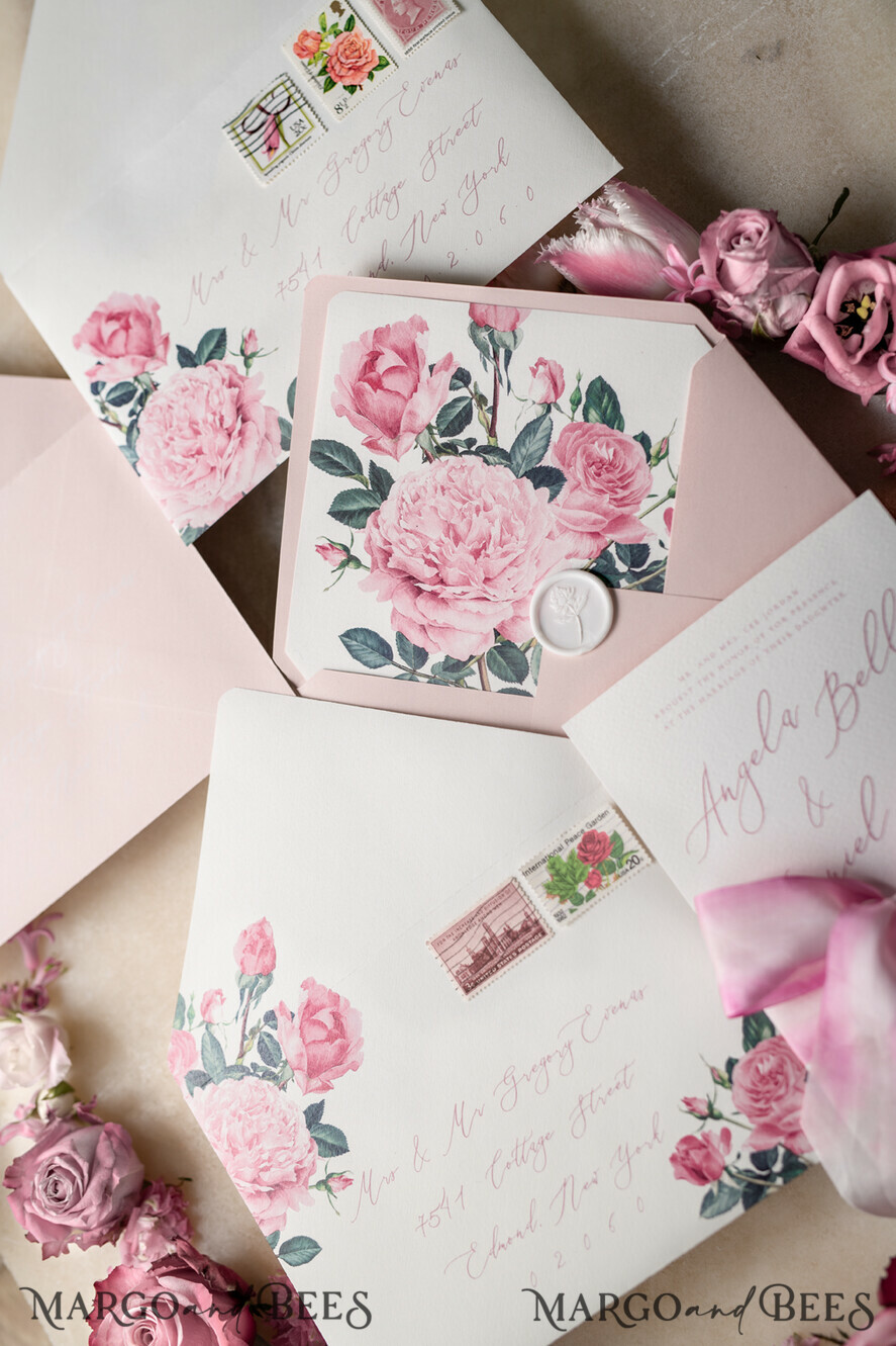 WEDDING INVITATIONS Elegant Invites Classic Cards Floral Vintage Wedding Invitations With Hand Dyed Ribbon, Minimalistic White Wedding Invites, Handmade Wedding Invitation Suite, Bespoke Pink Wedding Stationery