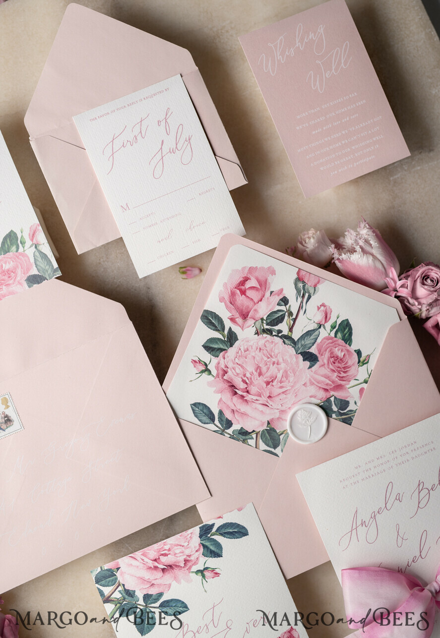 WEDDING INVITATIONS Elegant Invites Classic Cards Floral Vintage Wedding Invitations With Hand Dyed Ribbon, Minimalistic White Wedding Invites, Handmade Wedding Invitation Suite, Bespoke Pink Wedding Stationery
