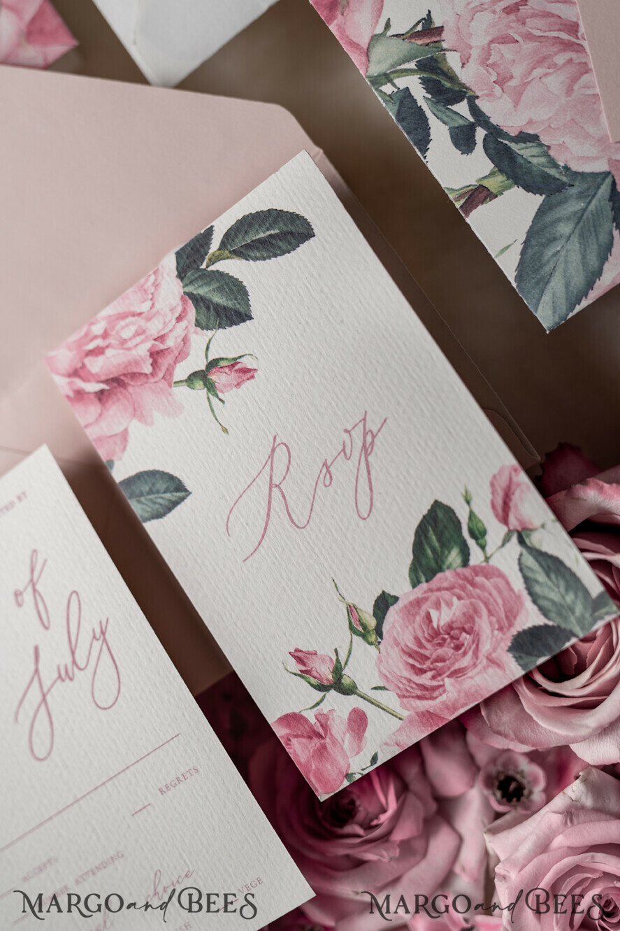 WEDDING INVITATIONS Elegant Invites Classic Cards Floral Vintage Wedding Invitations With Hand Dyed Ribbon, Minimalistic White Wedding Invites, Handmade Wedding Invitation Suite, Bespoke Pink Wedding Stationery