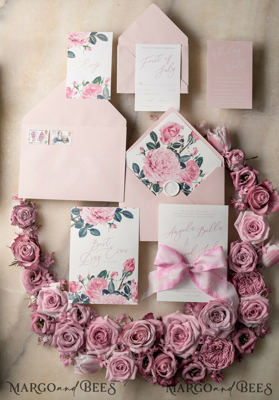 WEDDING INVITATIONS Elegant Invites Classic Cards Floral Vintage Wedding Invitations With Hand Dyed Ribbon, Minimalistic White Wedding Invites, Handmade Wedding Invitation Suite, Bespoke Pink Wedding Stationery