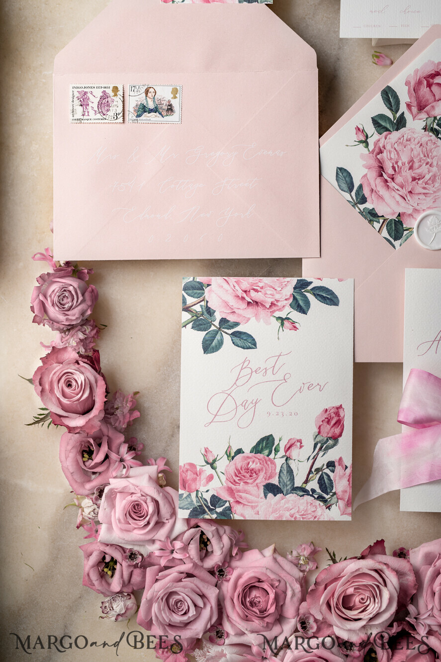 WEDDING INVITATIONS Elegant Invites Classic Cards Floral Vintage Wedding Invitations With Hand Dyed Ribbon, Minimalistic White Wedding Invites, Handmade Wedding Invitation Suite, Bespoke Pink Wedding Stationery