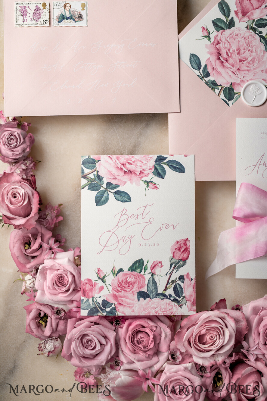 WEDDING INVITATIONS Elegant Invites Classic Cards Floral Vintage Wedding Invitations With Hand Dyed Ribbon, Minimalistic White Wedding Invites, Handmade Wedding Invitation Suite, Bespoke Pink Wedding Stationery
