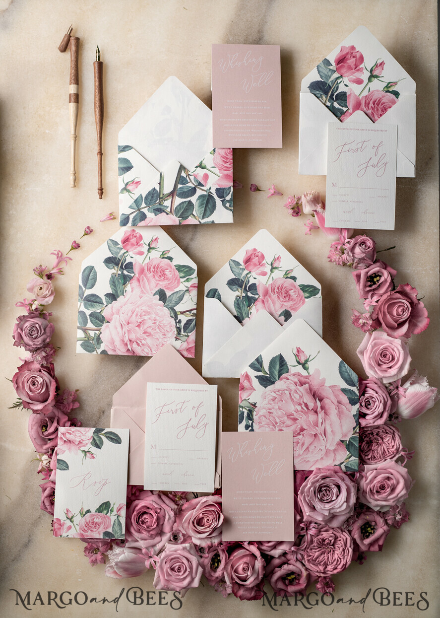 WEDDING INVITATIONS Elegant Invites Classic Cards Floral Vintage Wedding Invitations With Hand Dyed Ribbon, Minimalistic White Wedding Invites, Handmade Wedding Invitation Suite, Bespoke Pink Wedding Stationery