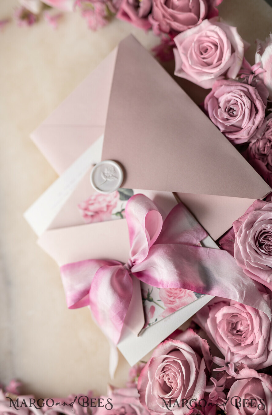 WEDDING INVITATIONS Elegant Invites Classic Cards Floral Vintage Wedding Invitations With Hand Dyed Ribbon, Minimalistic White Wedding Invites, Handmade Wedding Invitation Suite, Bespoke Pink Wedding Stationery