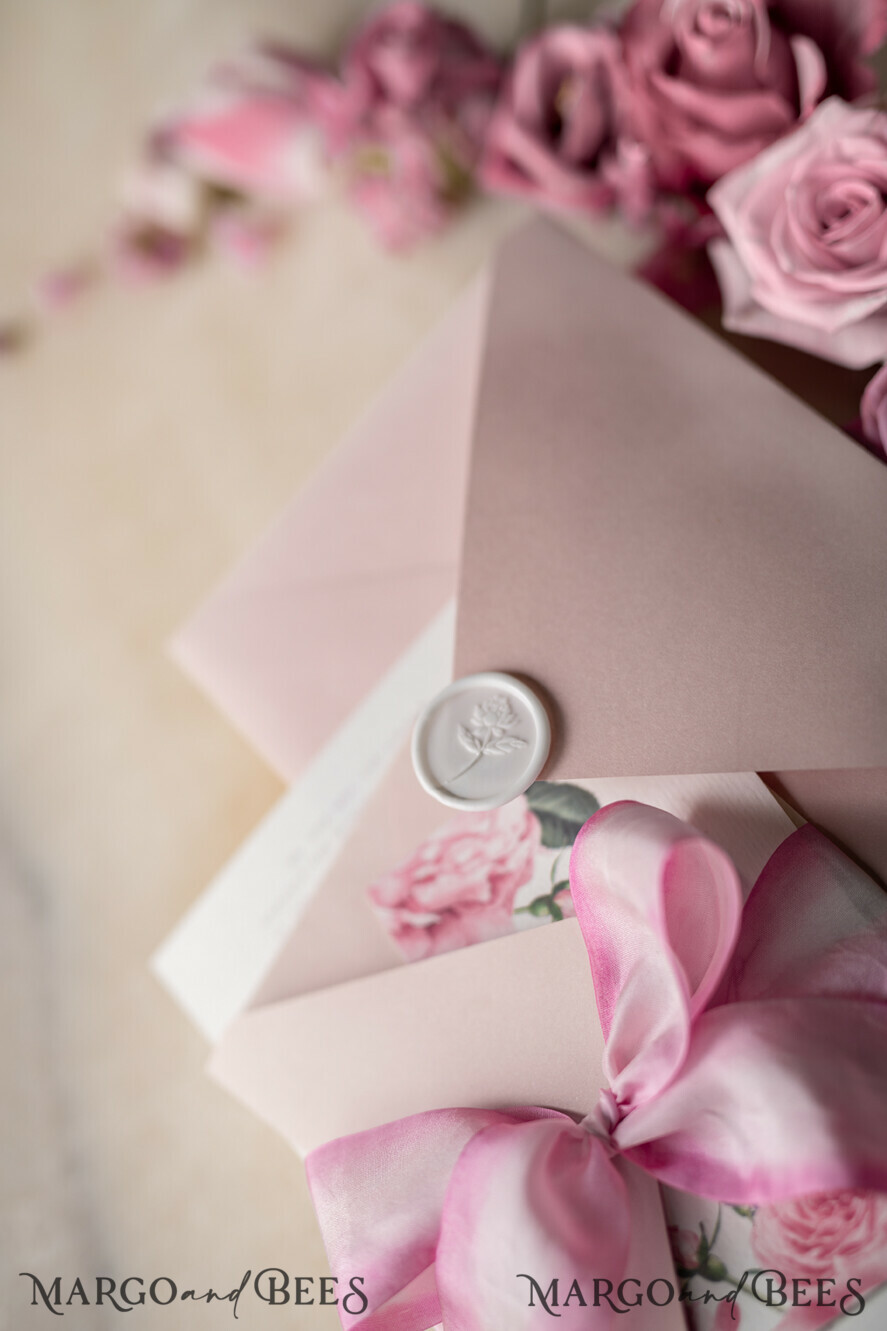 WEDDING INVITATIONS Elegant Invites Classic Cards Floral Vintage Wedding Invitations With Hand Dyed Ribbon, Minimalistic White Wedding Invites, Handmade Wedding Invitation Suite, Bespoke Pink Wedding Stationery