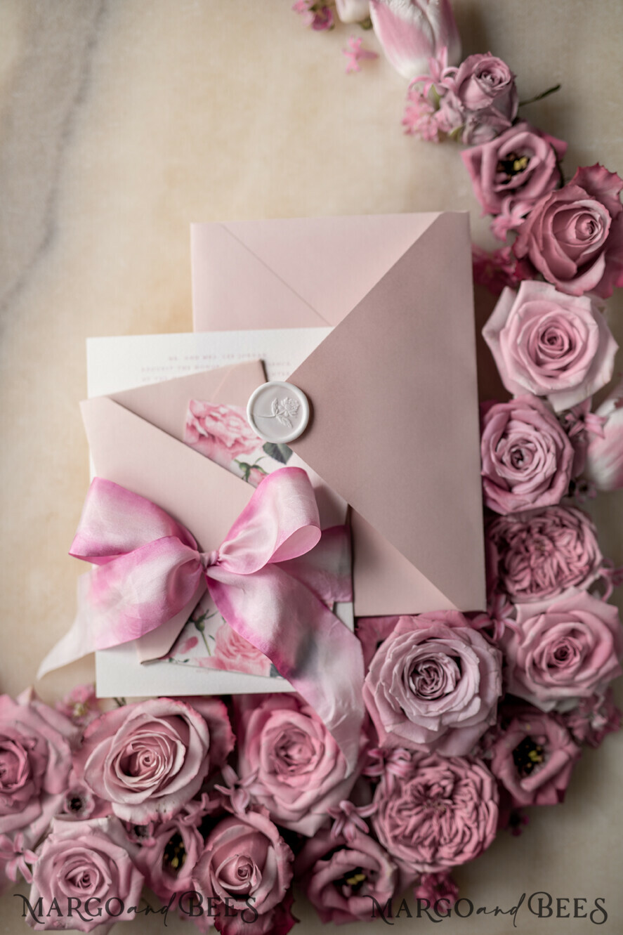 WEDDING INVITATIONS Elegant Invites Classic Cards Floral Vintage Wedding Invitations With Hand Dyed Ribbon, Minimalistic White Wedding Invites, Handmade Wedding Invitation Suite, Bespoke Pink Wedding Stationery