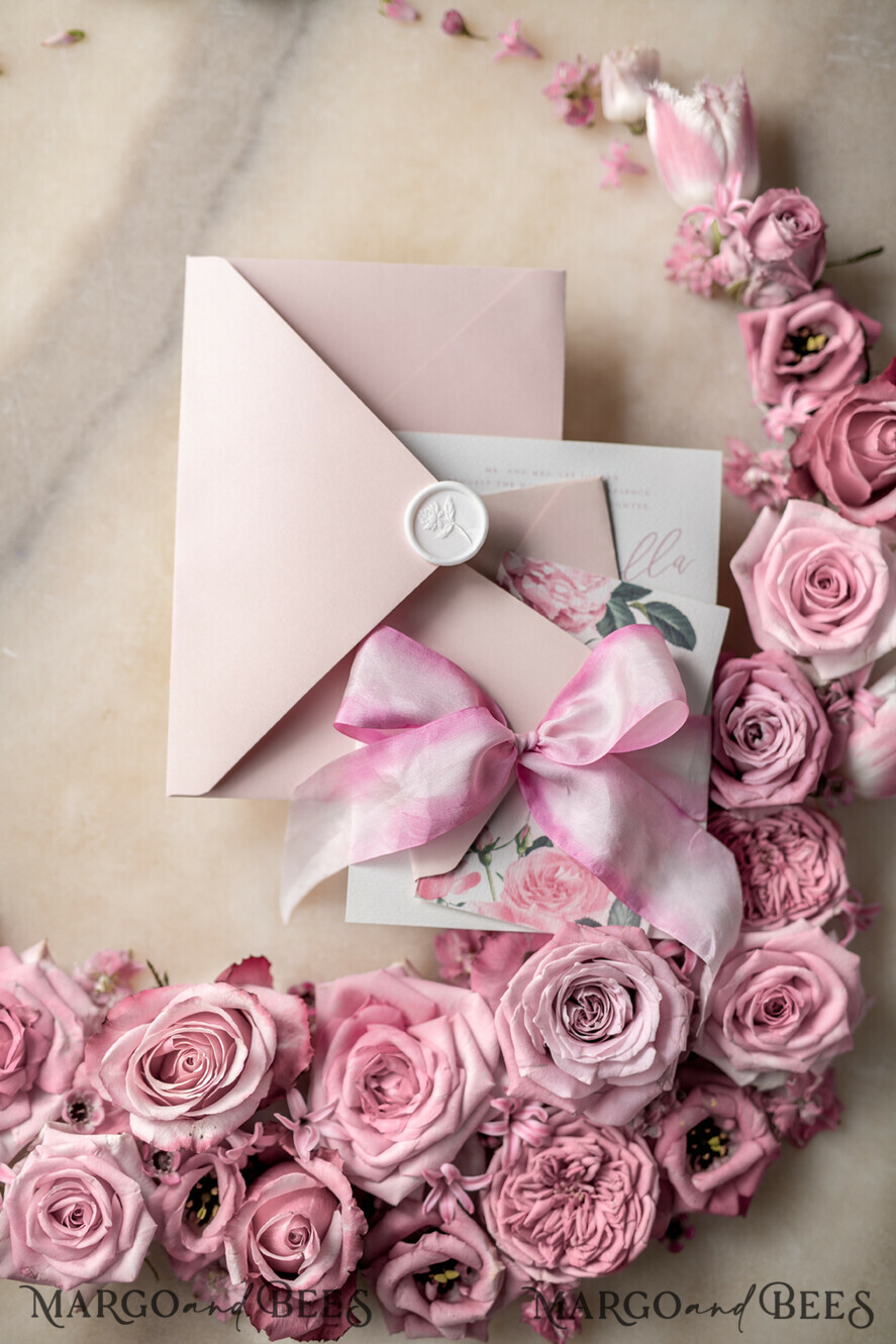 WEDDING INVITATIONS Elegant Invites Classic Cards Floral Vintage Wedding Invitations With Hand Dyed Ribbon, Minimalistic White Wedding Invites, Handmade Wedding Invitation Suite, Bespoke Pink Wedding Stationery