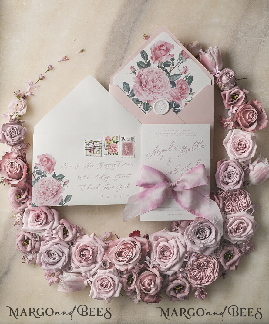 WEDDING INVITATIONS Elegant Invites Classic Cards Floral Vintage Wedding Invitations With Hand Dyed Ribbon, Minimalistic White Wedding Invites, Handmade Wedding Invitation Suite, Bespoke Pink Wedding Stationery