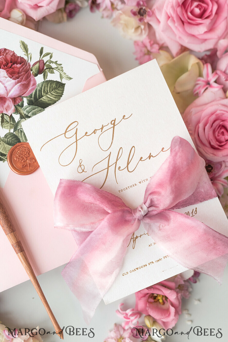 WEDDING INVITATIONS Elegant Invites Classic Cards Romantic Blush Pink Wedding Invitations, Vintage Floral Wedding Invitation Suite, Elegant Wedding Cards With Hand Dyed Bow, Glamour Peony Wedding Stationery