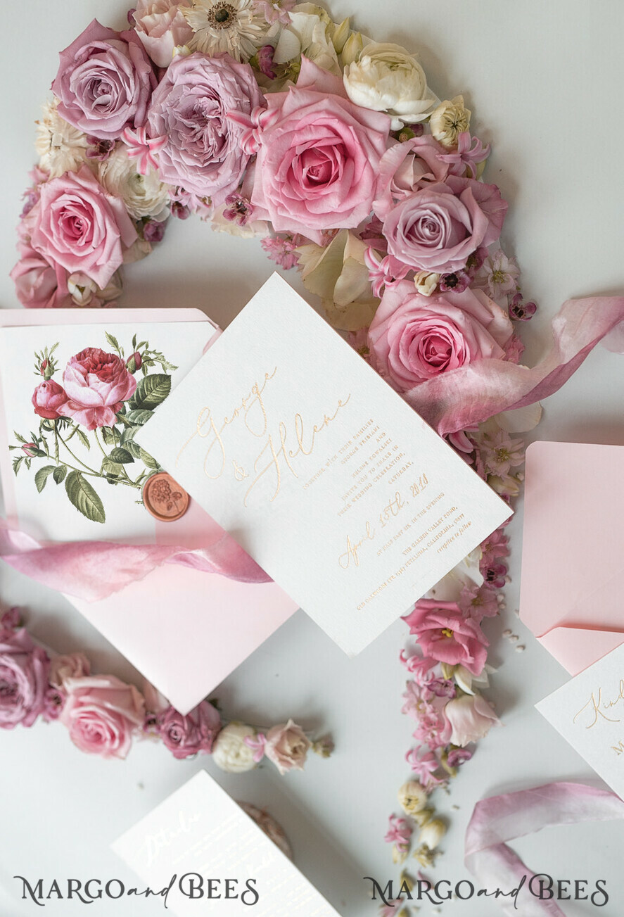 WEDDING INVITATIONS Elegant Invites Classic Cards Romantic Blush Pink Wedding Invitations, Vintage Floral Wedding Invitation Suite, Elegant Wedding Cards With Hand Dyed Bow, Glamour Peony Wedding Stationery