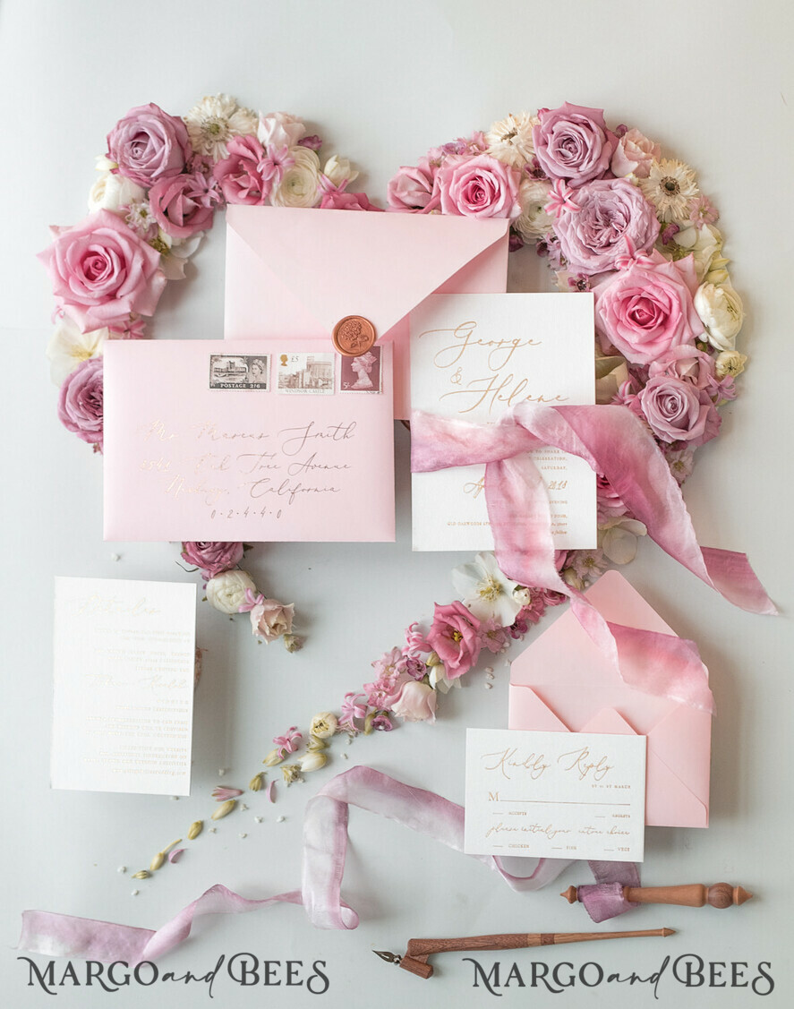 WEDDING INVITATIONS Elegant Invites Classic Cards Romantic Blush Pink Wedding Invitations, Vintage Floral Wedding Invitation Suite, Elegant Wedding Cards With Hand Dyed Bow, Glamour Peony Wedding Stationery