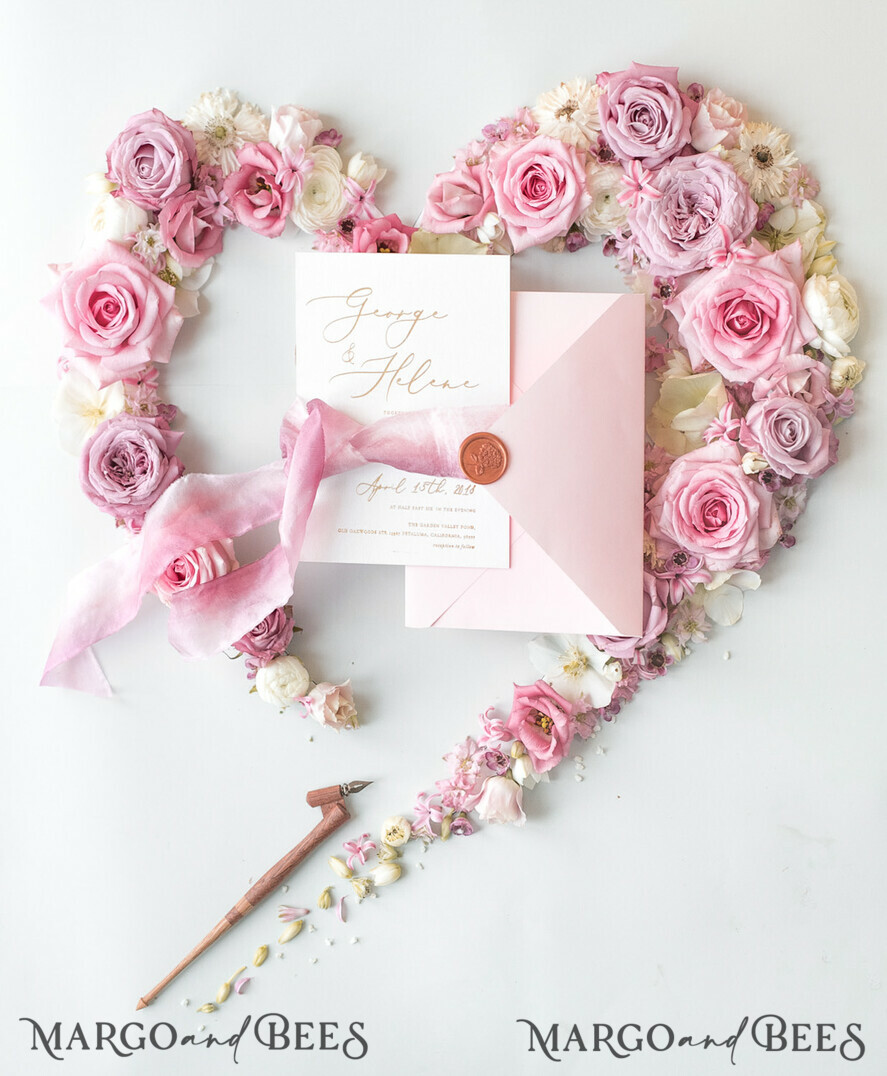 WEDDING INVITATIONS Elegant Invites Classic Cards Romantic Blush Pink Wedding Invitations, Vintage Floral Wedding Invitation Suite, Elegant Wedding Cards With Hand Dyed Bow, Glamour Peony Wedding Stationery