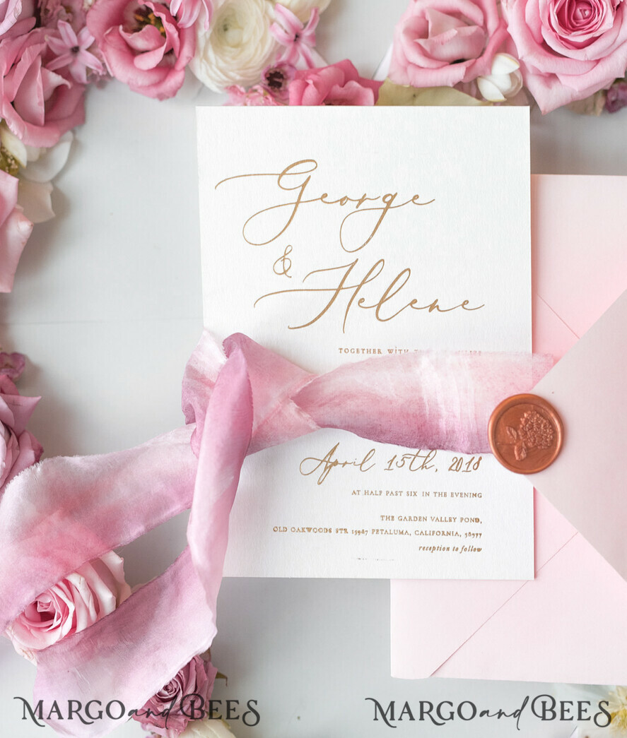 WEDDING INVITATIONS Elegant Invites Classic Cards Romantic Blush Pink Wedding Invitations, Vintage Floral Wedding Invitation Suite, Elegant Wedding Cards With Hand Dyed Bow, Glamour Peony Wedding Stationery
