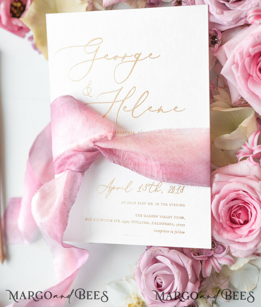 WEDDING INVITATIONS Elegant Invites Classic Cards Romantic Blush Pink Wedding Invitations, Vintage Floral Wedding Invitation Suite, Elegant Wedding Cards With Hand Dyed Bow, Glamour Peony Wedding Stationery