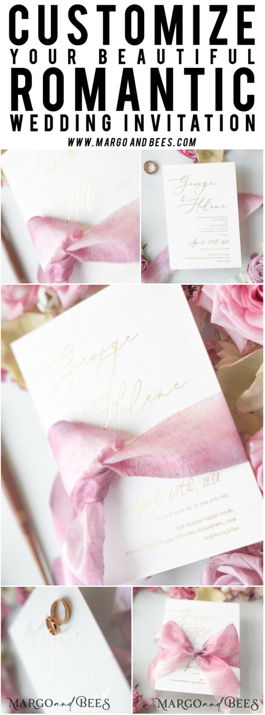 WEDDING INVITATIONS Elegant Invites Classic Cards Romantic Blush Pink Wedding Invitations, Vintage Floral Wedding Invitation Suite, Elegant Wedding Cards With Hand Dyed Bow, Glamour Peony Wedding Stationery