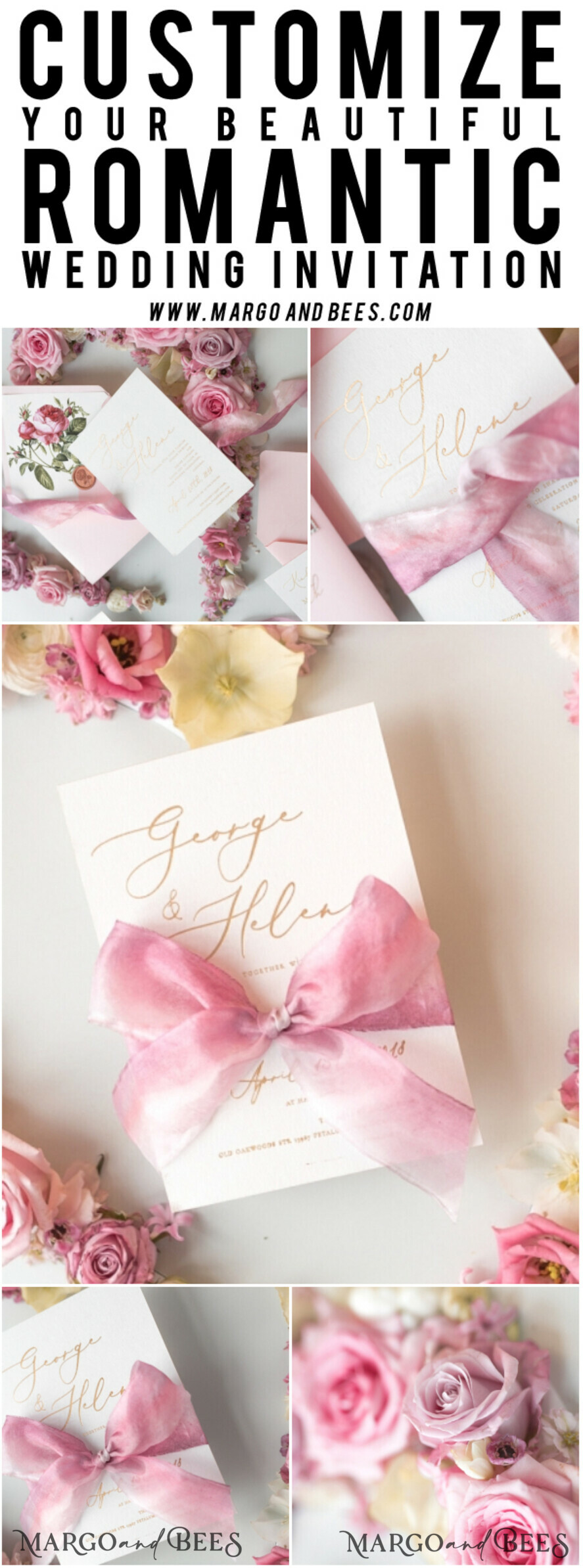 WEDDING INVITATIONS Elegant Invites Classic Cards Romantic Blush Pink Wedding Invitations, Vintage Floral Wedding Invitation Suite, Elegant Wedding Cards With Hand Dyed Bow, Glamour Peony Wedding Stationery