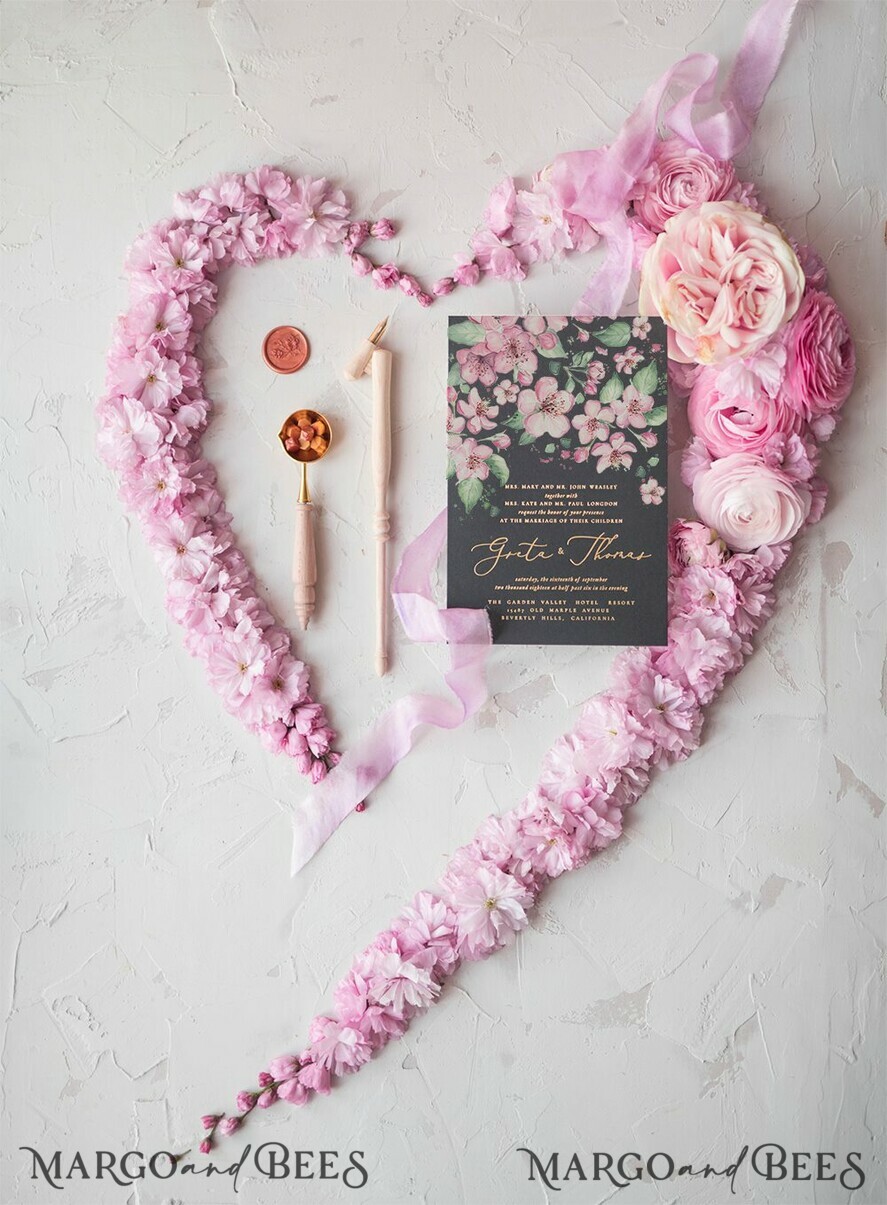 WEDDING INVITATIONS Elegant Invites Classic Cards Elegant Cherry Blossom Wedding Invitations, Romantic Pink Sakura Wedding Invites, Bespoke Black Wedding Cards, Floral Wedding Invitation Suite