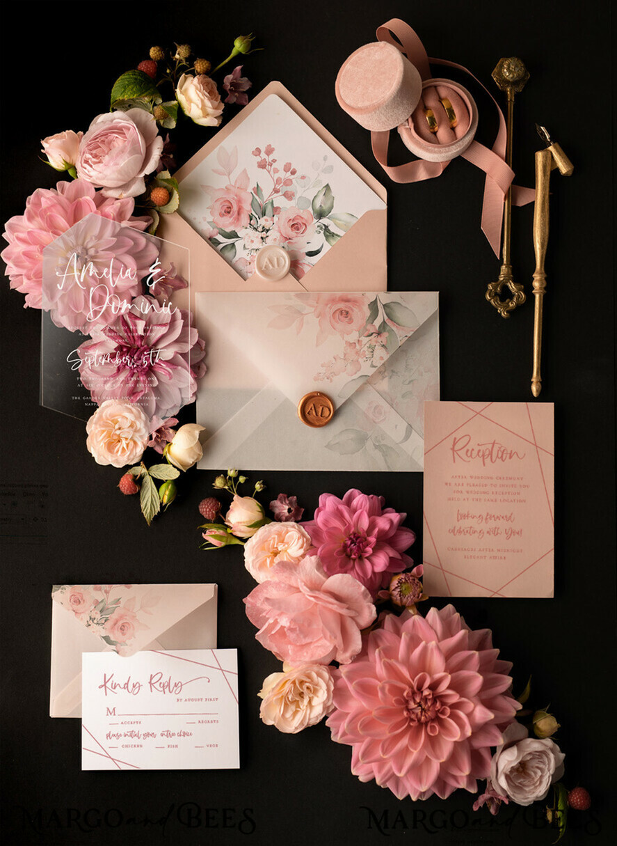 WEDDING INVITATIONS Elegant Invites Classic Cards Romantic Floral Wedding Invites, Luxury Blush Pink Wedding Invitations, Elegant Geometric Wedding Cards, Handmade Vellum Wedding Stationery