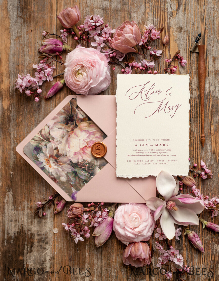 WEDDING INVITATIONS Elegant Invites Classic Cards Bespoke Pink Wedding Invitations, Fine Art Elegant Wedding invites, Vintage Blush Pink Invitation Set, Minimalistic Wedding Stationary set