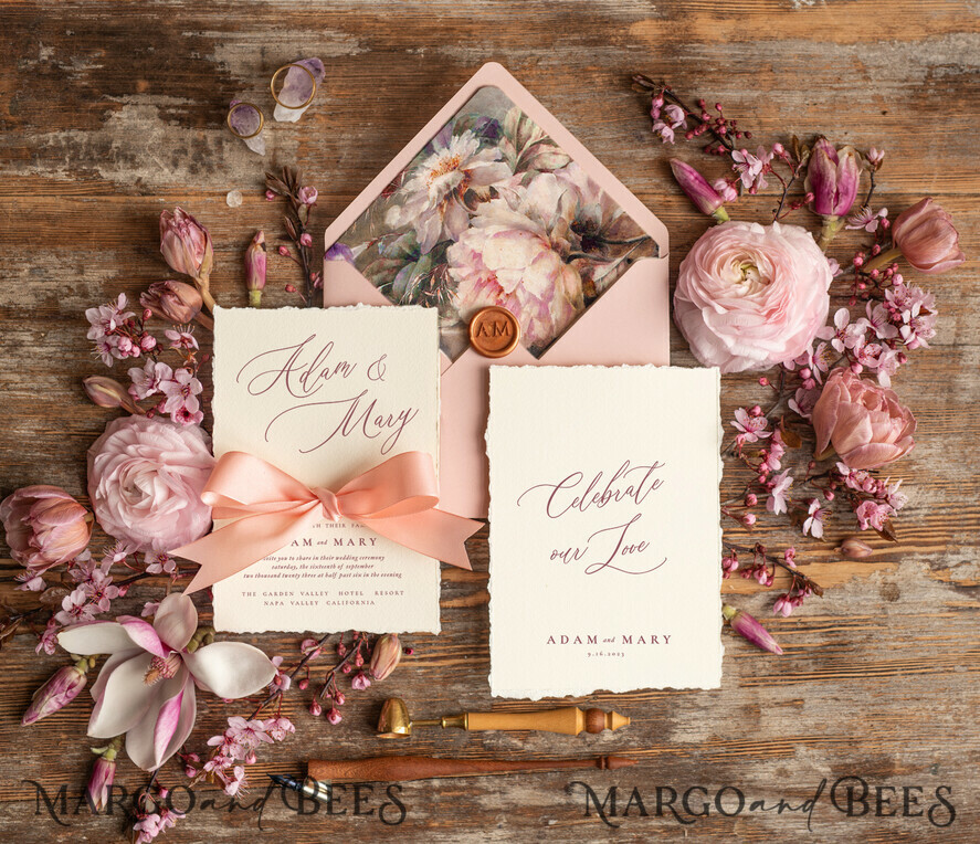 WEDDING INVITATIONS Elegant Invites Classic Cards Bespoke Pink Wedding Invitations, Fine Art Elegant Wedding invites, Vintage Blush Pink Invitation Set, Minimalistic Wedding Stationary set