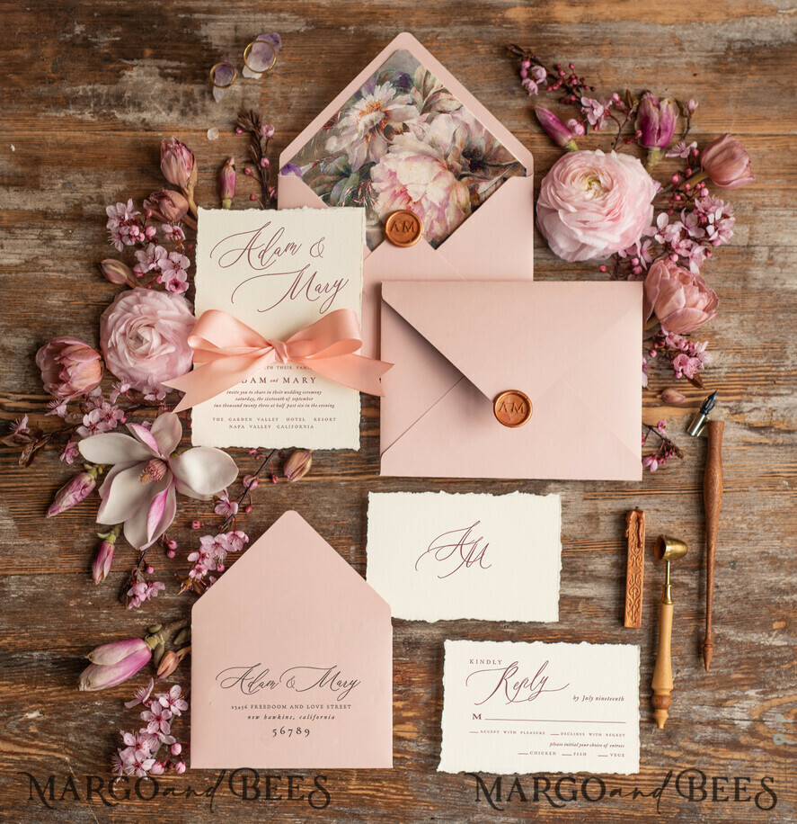 WEDDING INVITATIONS Elegant Invites Classic Cards Bespoke Pink Wedding Invitations, Fine Art Elegant Wedding invites, Vintage Blush Pink Invitation Set, Minimalistic Wedding Stationary set